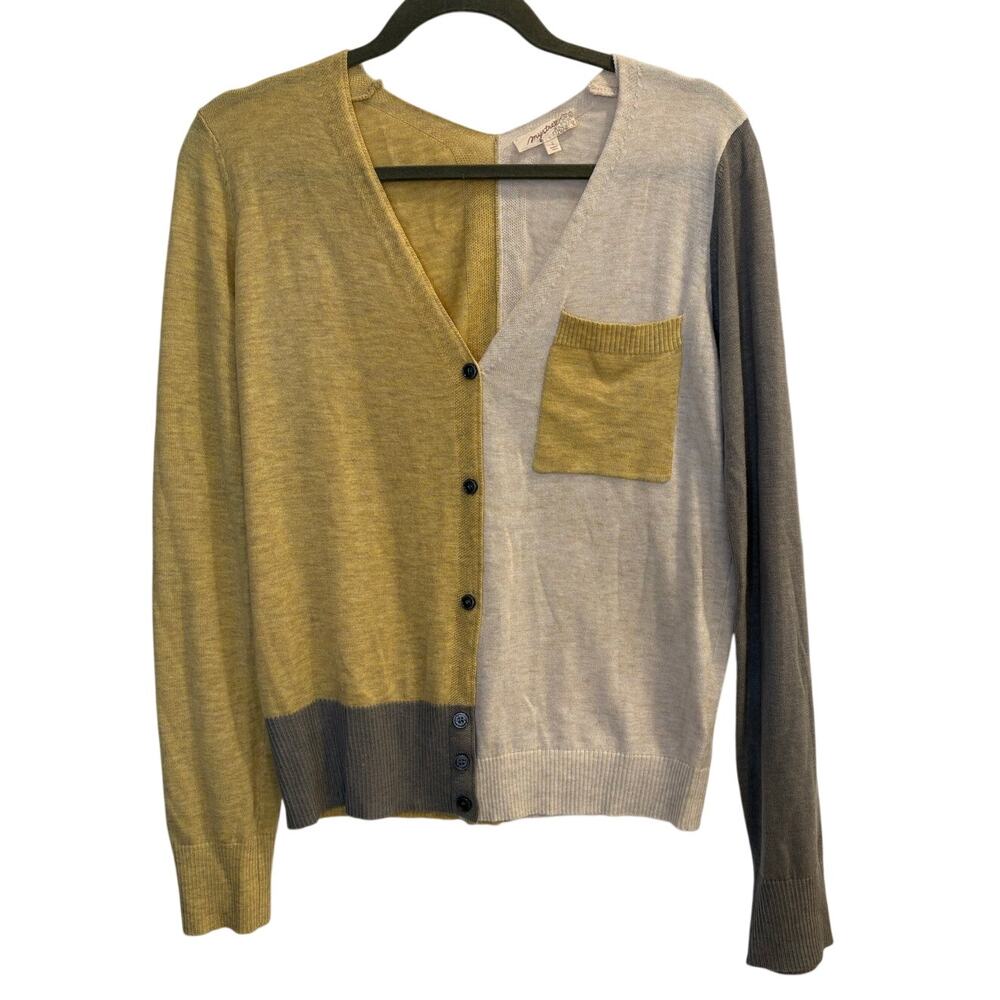 Mystree Size Small Yellow Gray Cream Colorblock Cardigan Sweater